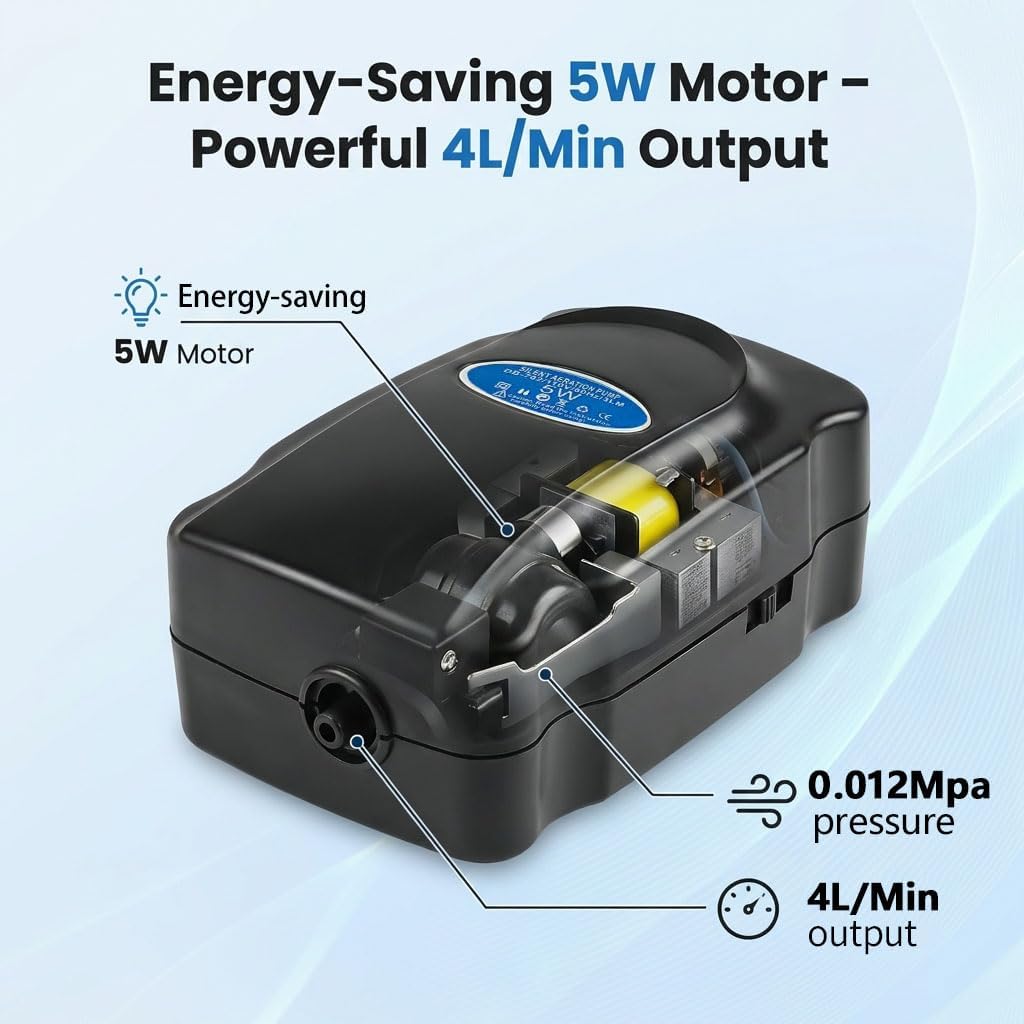 Aquarium Air Pump, Fish Tank Bubbler with Adjustable Airflow & Dual Outlets, Ultra Quiet Energy Saving Fish Tank