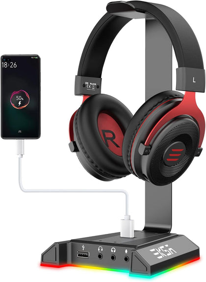 Headphone Stand, RGB Gaming Headset Stand for Desk with 7.1 Surround Sound, Headphone Holder with 3.5mm Aux and 2 USB