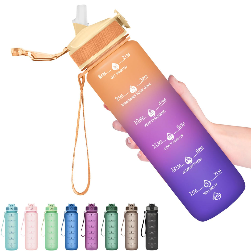 Plastic Water Bottle With Straw & Time Marker, 32oz Leakproof Jug