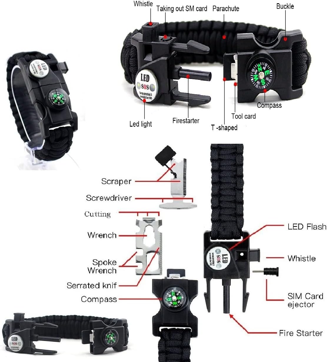 Galaxy 21 in 1 Survival Bracelet, Paracord Emergency Outdoor Sports Wristband Kit Waterproof Compass, SOS LED Light