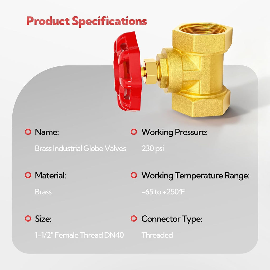 1-1/2" Female Thread Brass Industrial Globe Valves, DN40 Heavy Duty Globe Valves Wheel Red Handle with Teflon Tape for Water Oil Air