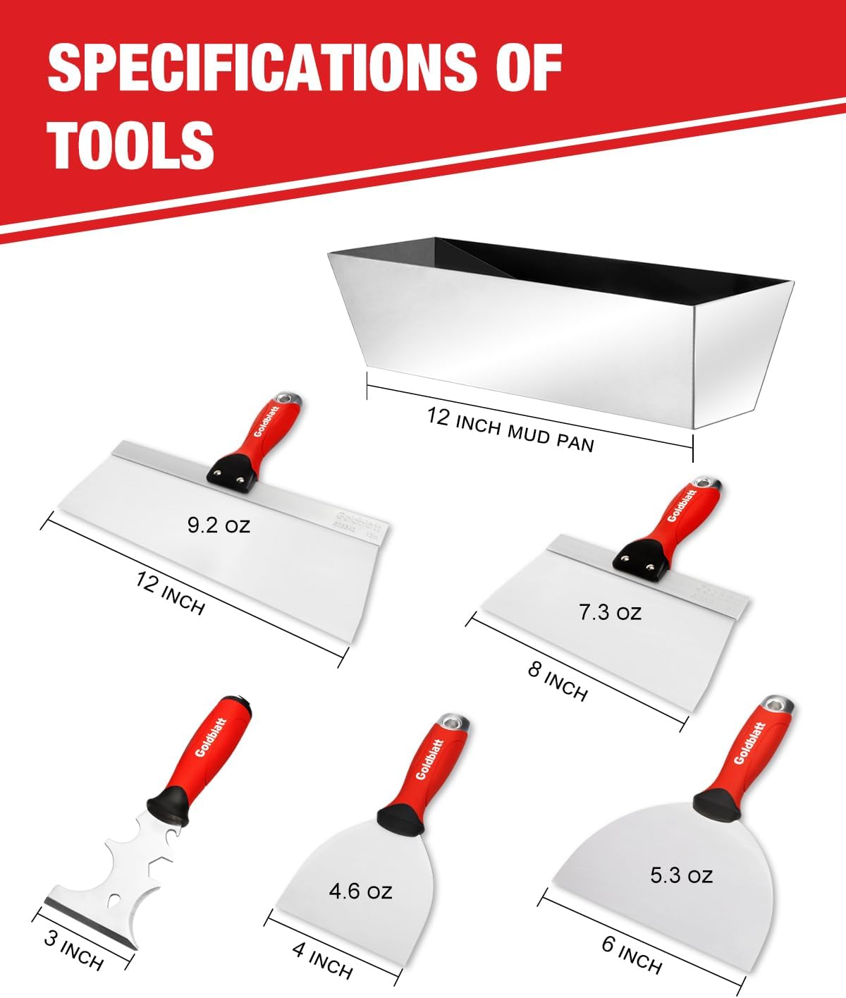 Drywall Hand Tool Kit, 6‑Piece Painter’s Tools | Stainless Steel Putty Knives, 14 in 1 Paint Scraper, 6'' and 4''