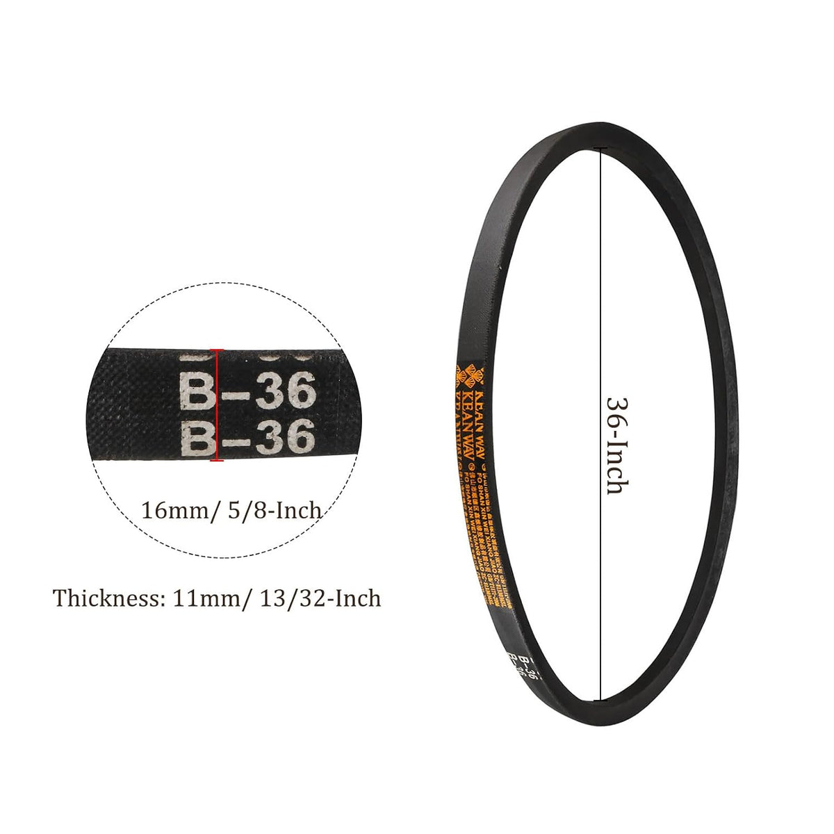 B-36 Rubber V-Belts, 36" Lp Wrapped B Section, 5/8" W 13/32" THK