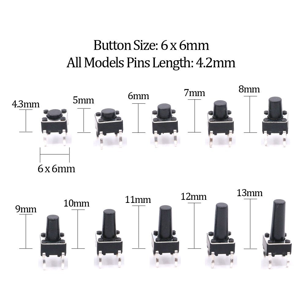 Hilitchi 250-Pcs 6 x 6mm 12 x 12mm Tactile Push Button Switch Micro Momentary Tact Assortment Kit - 20 Value / 4 Pins