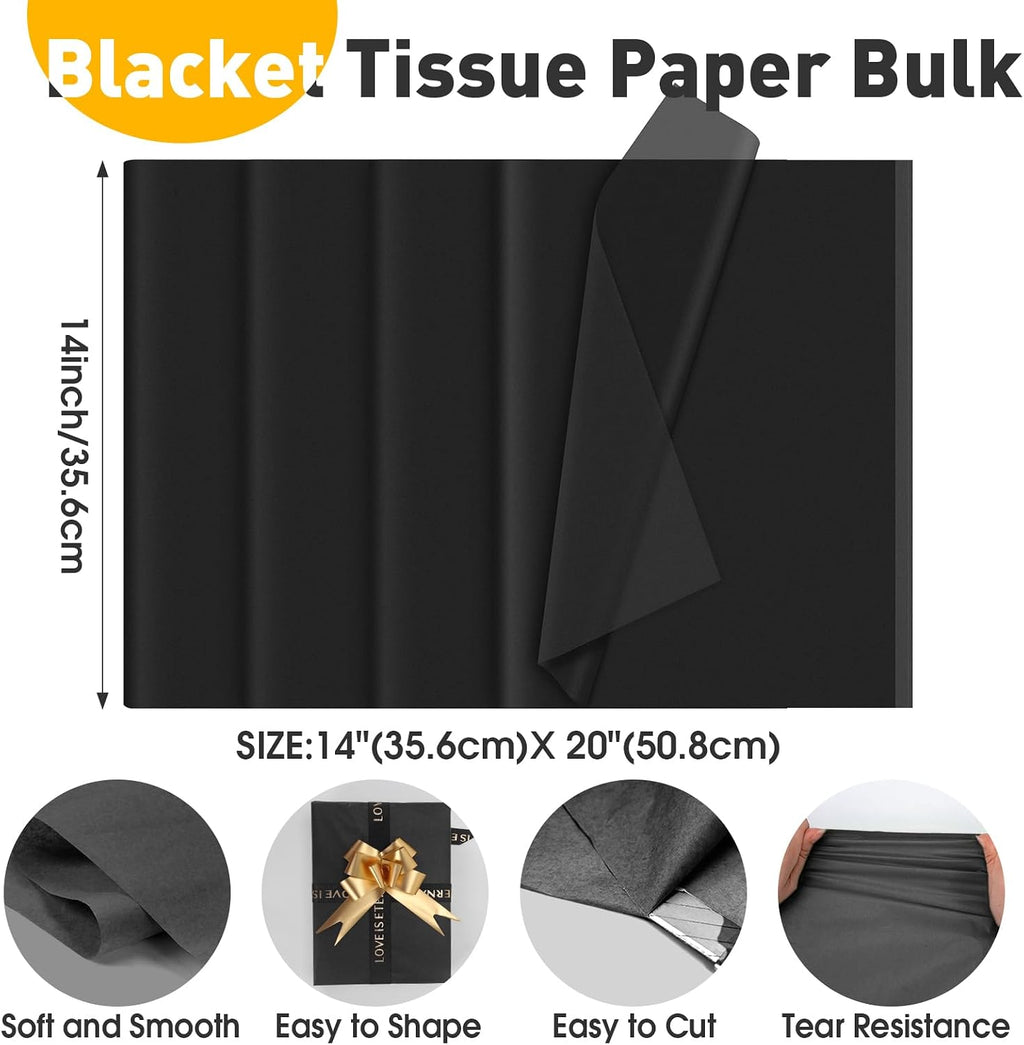 200 PCS Black Tissue Paper Bulk,14"X20" Tissue Paper for Gift Bags