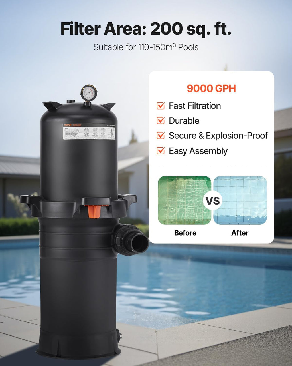2026 Pro Pool Cartridge Filter System 200 sqft, Pool Filter for Inground & Above Ground Pools, Compatible W/Pumps