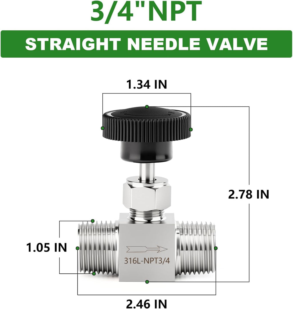 TAISHER 1PCS 316 Stainless Steel Needle Valve With Wheel Handle 3/4" MNPT