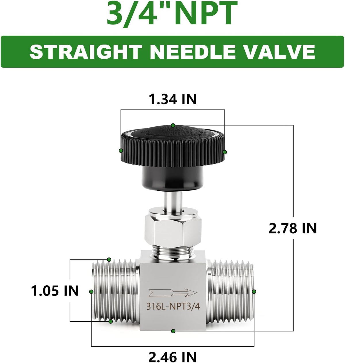 TAISHER 1PCS 316 Stainless Steel Needle Valve With Wheel Handle 3/4" MNPT