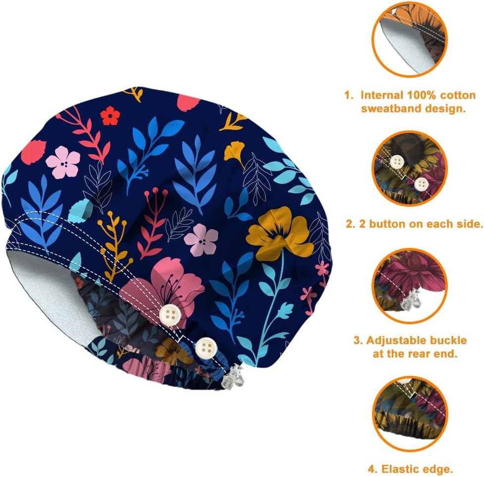 Bouffant Scrub Caps Cotton Nurse Scrub Hats with Button Sweatband Adjustable Surgical Caps for Unisex Cooking