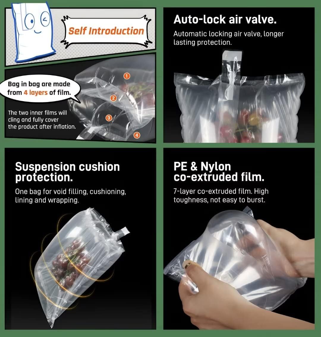 (100 Pack + Free Pump ) BZQZDAI 3.9x9.8inch Clear Plastic Inflatable Air Packaging Bags Air Bubble Bag Suspension