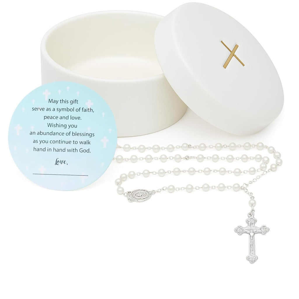 Baptism Gifts for Boys and Girls – White Rosary with Ceramic Keepsake Box and Card