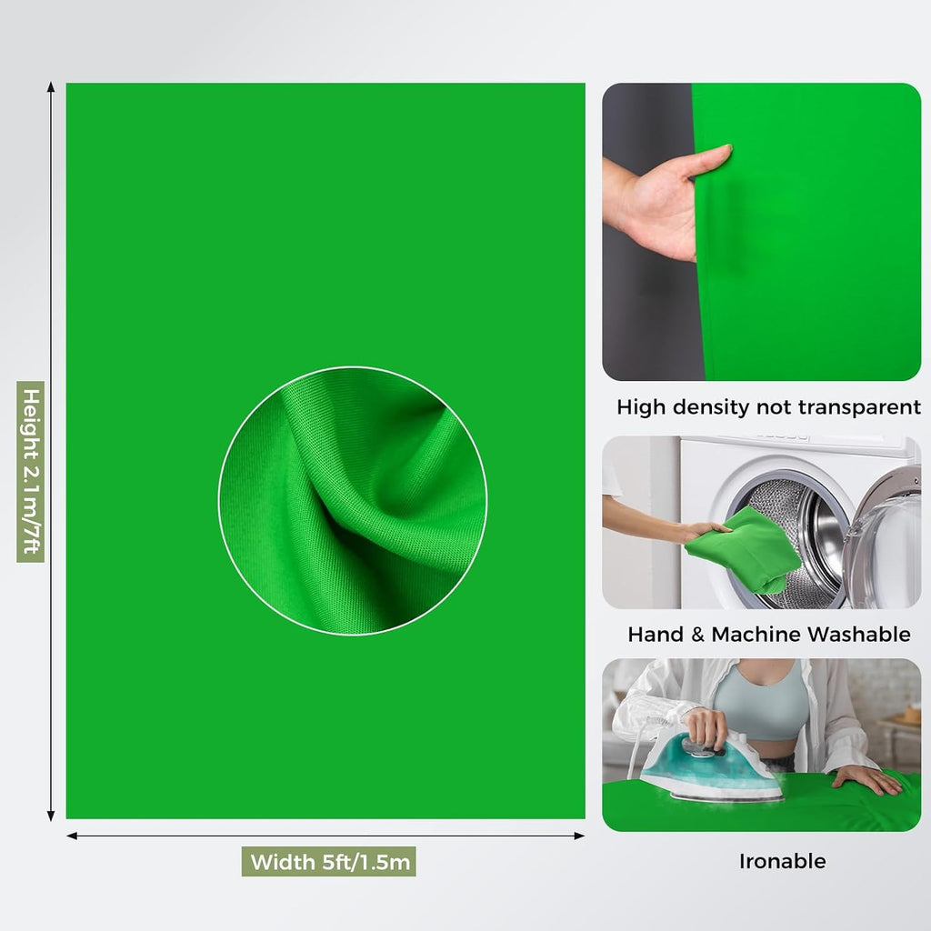 5x6.5ft Green Screen Backdrop Kit with T-Shape Stand and 6 Clamps | Reverse folding base for easy storage &