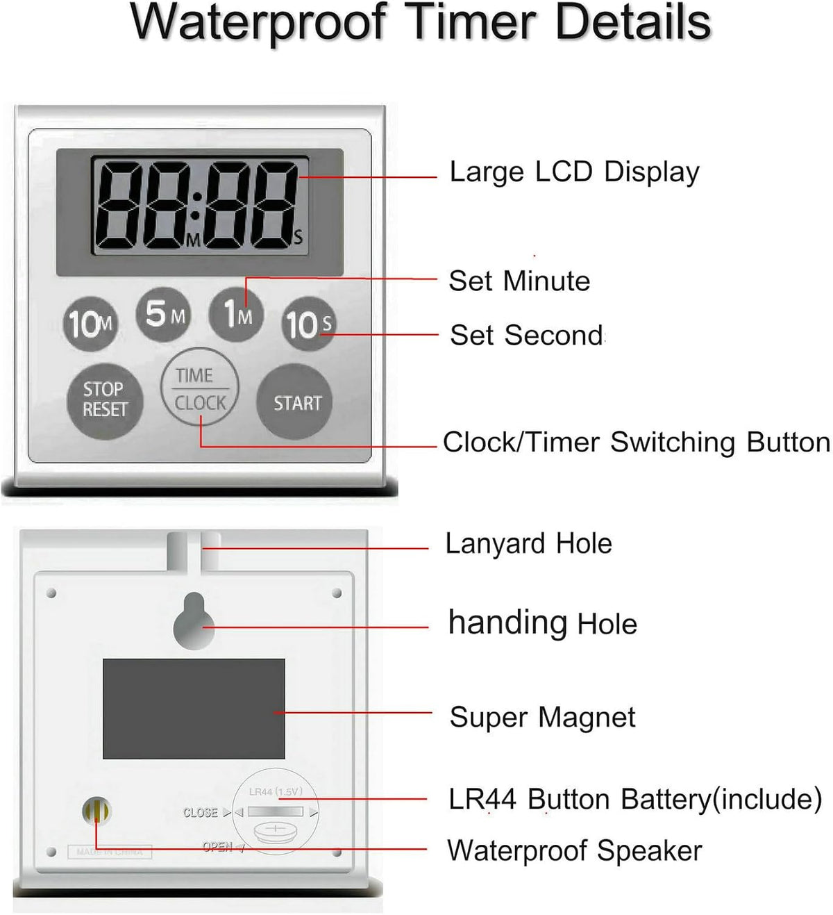 Digital Timer Waterproof Shower Timer Shower Clock Bathroom Kitchen Timer with Strong Magnet and Large LCD Display