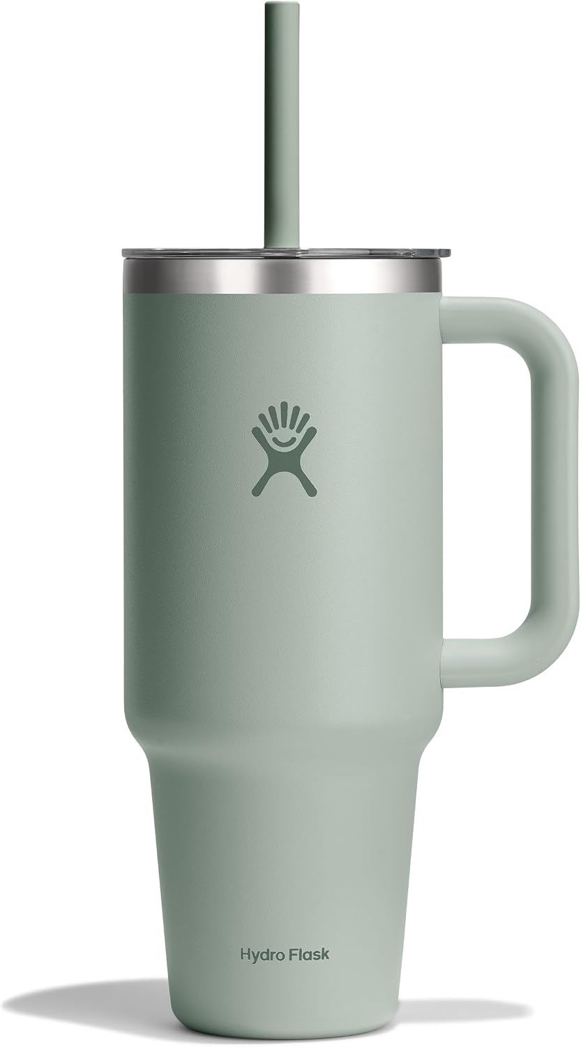 Travel Tumbler with Handle, Clear Lid and Straw - Insulated Stainless Steel