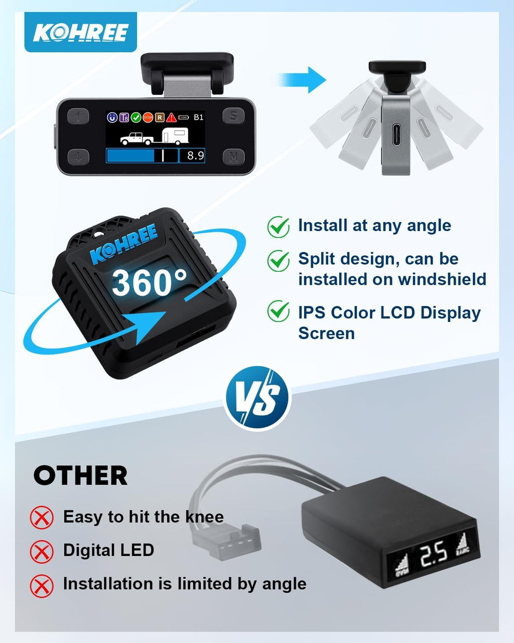 Upgraded Trailer Brake Controller Kit, Split Design, LCD Screen, Smart Chip, Proportional Braking, Electric Brake