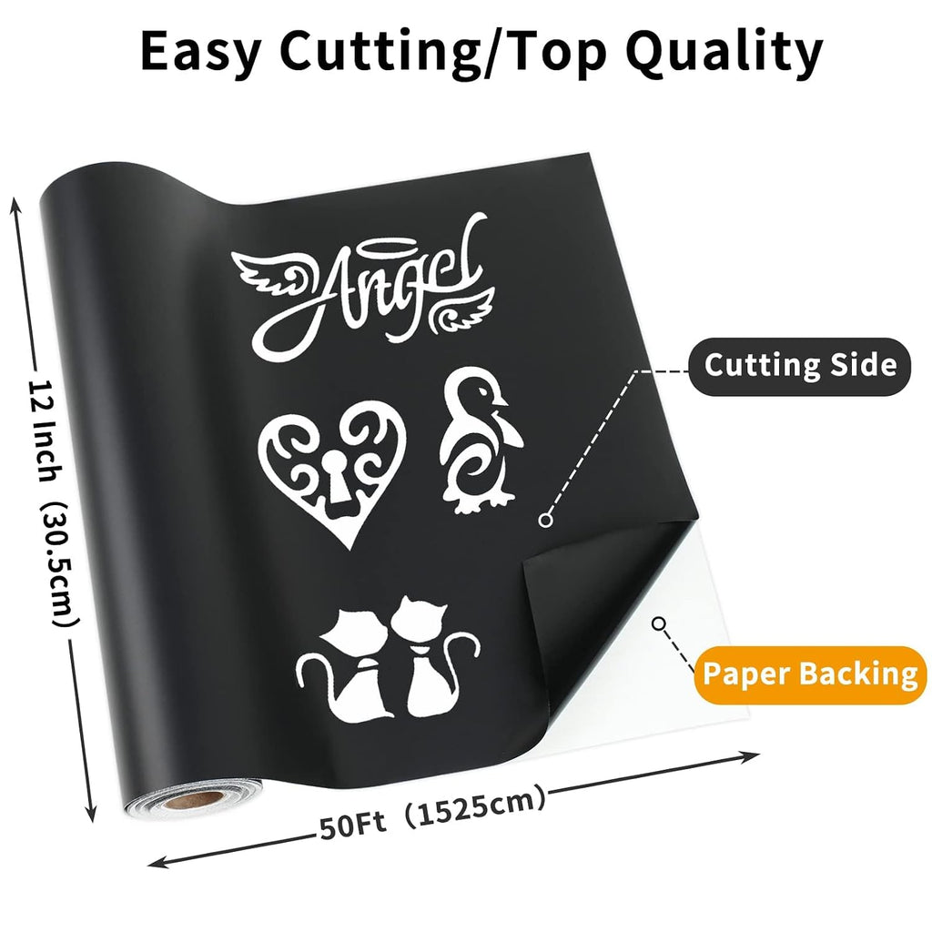 Matte Black Permanent Vinyl, 12" x 50FT Permanent Adhesive Vinyl Roll for All Cutting Machines, Signs, Craft Die