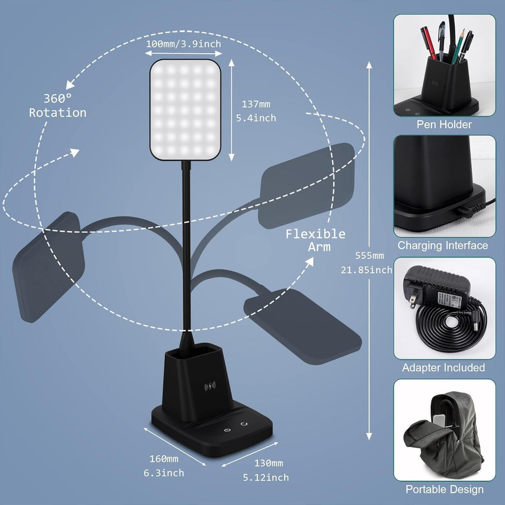 LED Desk Lamp with 10W Wireless Charging & Pen Holder, Black | CRI 95, 800LM, Stepless Dimming, 3 Modes, 360°Flexible