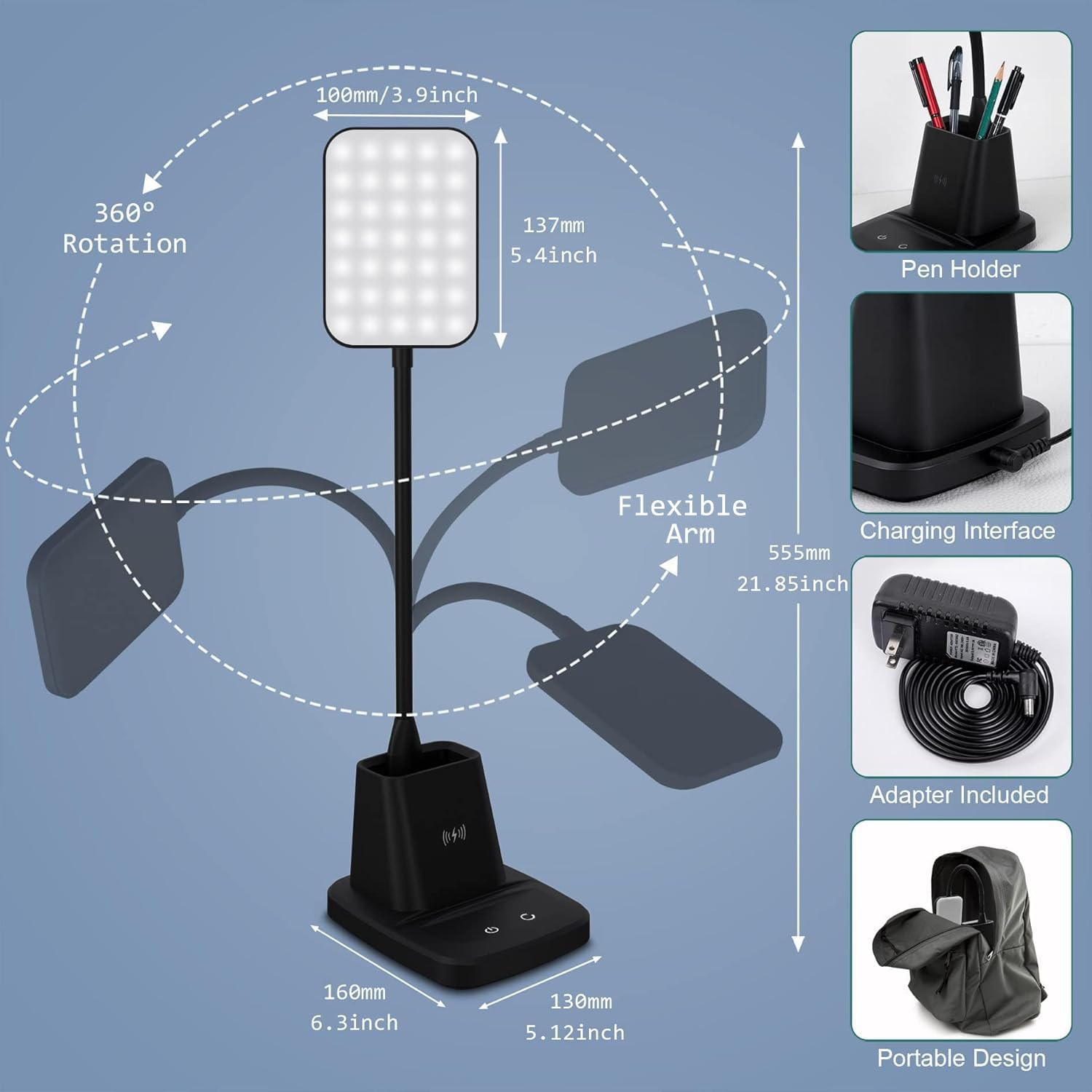 LED Desk Lamp with 10W Wireless Charging & Pen Holder, Black | CRI 95, 800LM, Stepless Dimming, 3 Modes, 360°Flexible