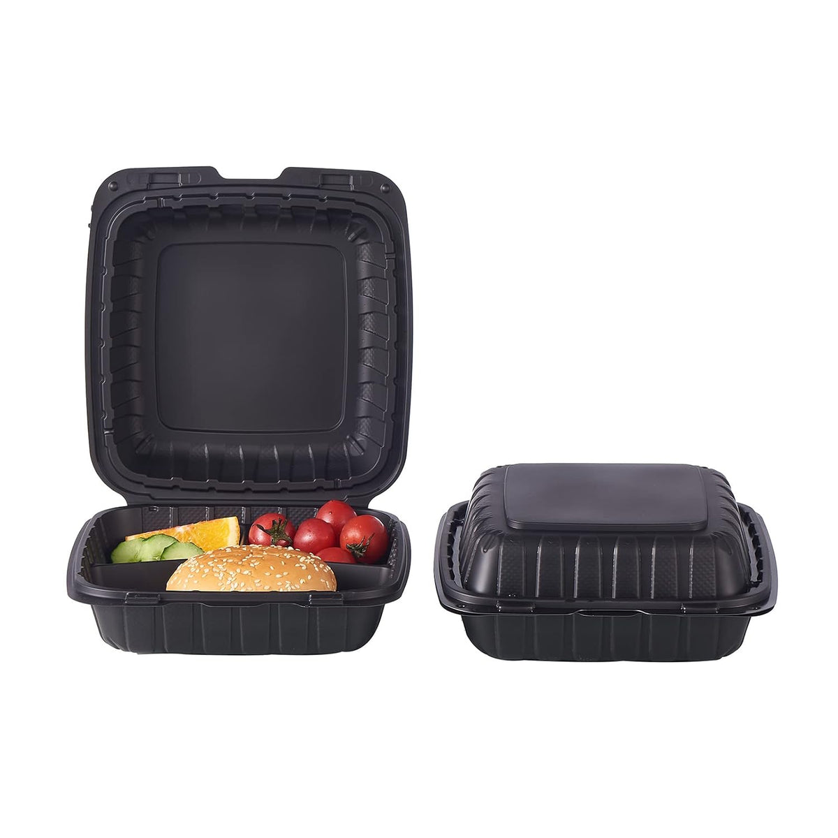 8X8" 3-Compartment 50-Pack Plastic Clamshell Takeout Food Trays Heavy Duty Togo Disposable Box For Pasta Salad