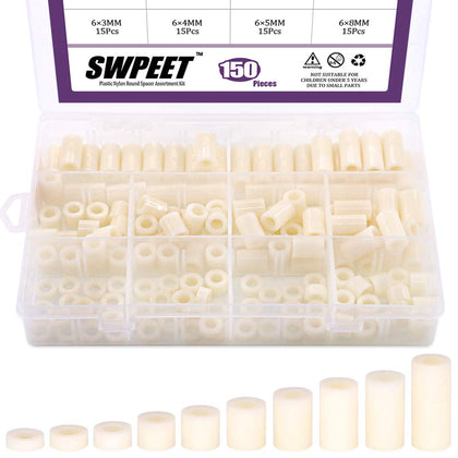 150Pcs Nylon Round Spacer Standoff Screw Nut Assortment Kit, Nylon PA66 Plastic Standoff OD 11mm and ID 6.2mm Length