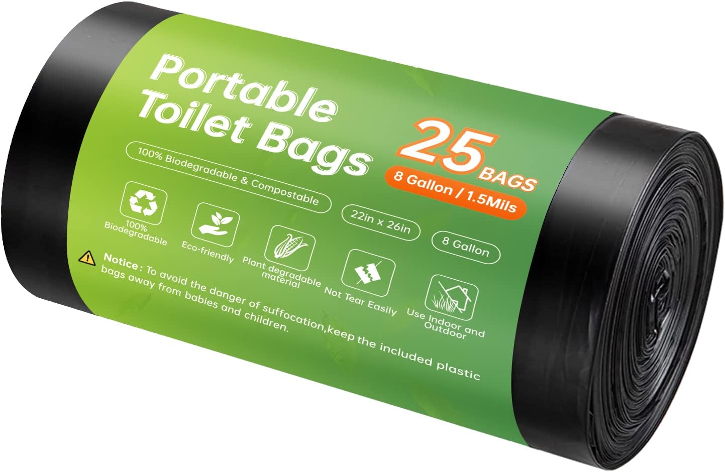 Portable Toilet Replacement Bags, 25 Count 8 Gallon 1.5 Mil Super Thickened Compostable Trash Bags, 30 Liter Camping