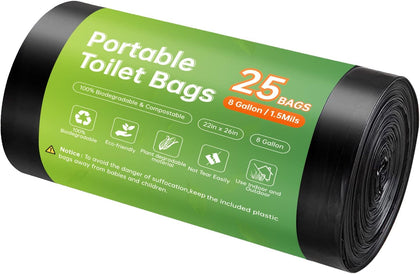 Portable Toilet Replacement Bags, 25 Count 8 Gallon 1.5 Mil Super Thickened Compostable Trash Bags, 30 Liter Camping