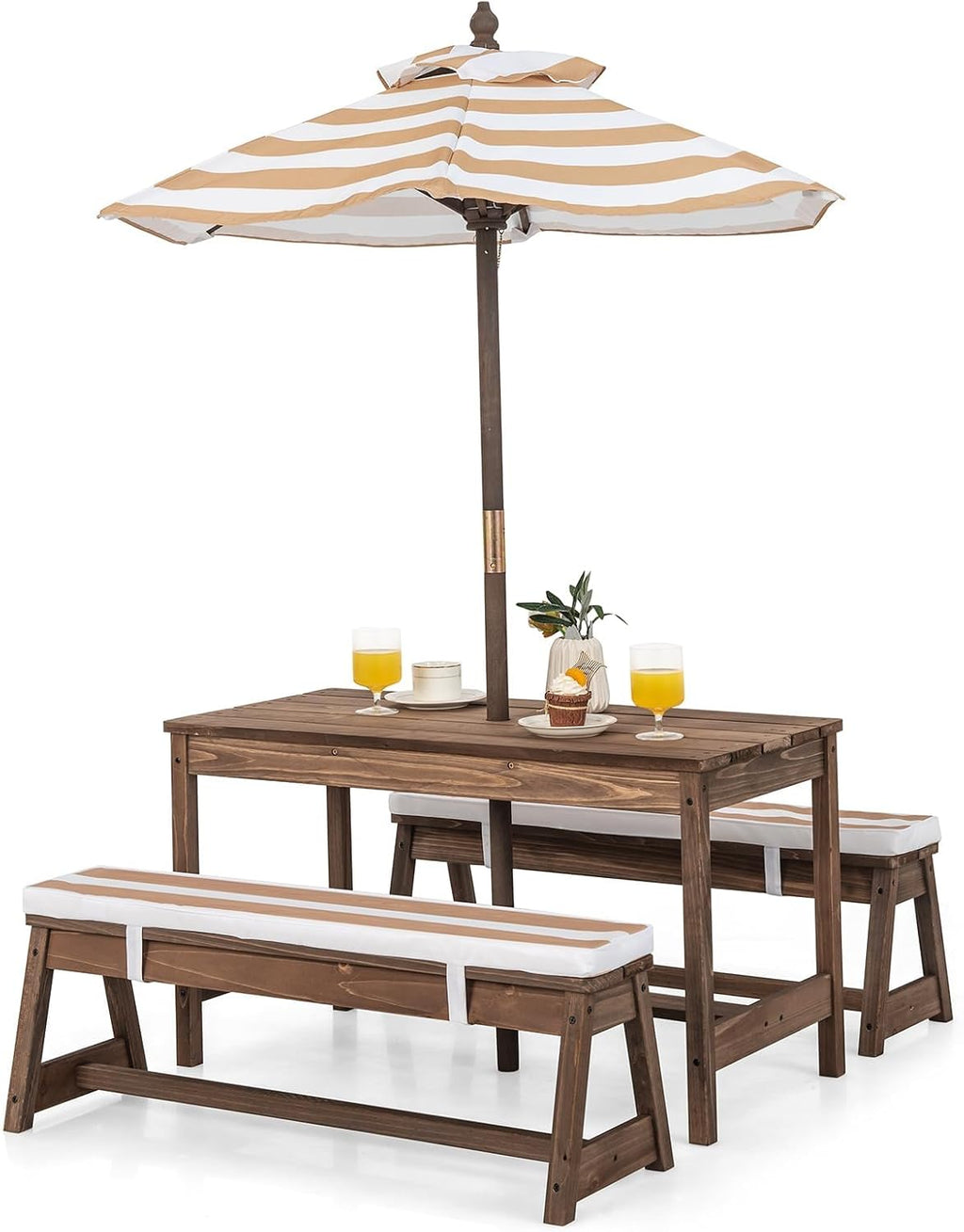 Kids Picnic Table, Outdoor Wooden Table & Bench Set w/Removable Cushions and Umbrella, Stripe Fabric, Children