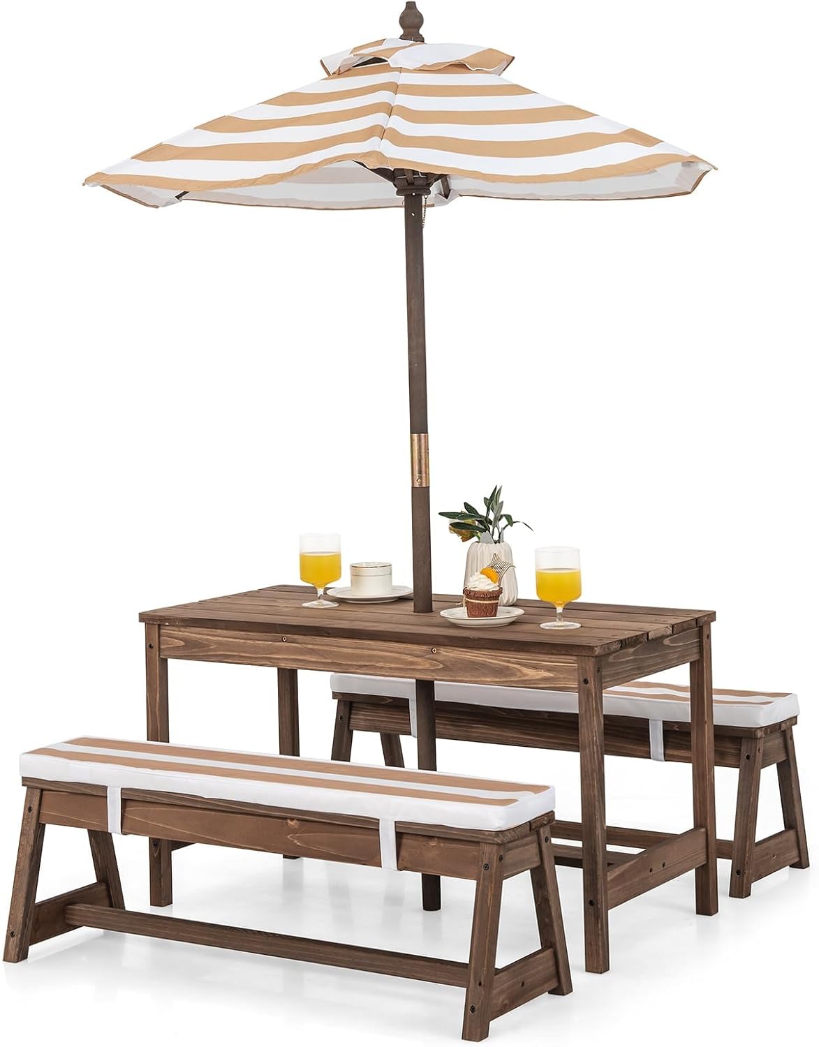 Kids Picnic Table, Outdoor Wooden Table & Bench Set w/Removable Cushions and Umbrella, Stripe Fabric, Children