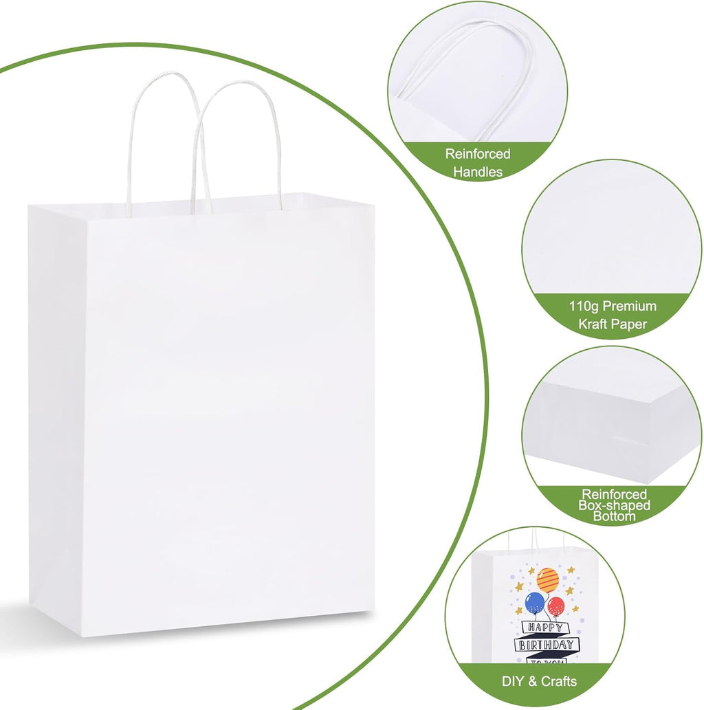 100pcs 10x5x13 White Paper Bags with Handles Large Paper Gift Bags