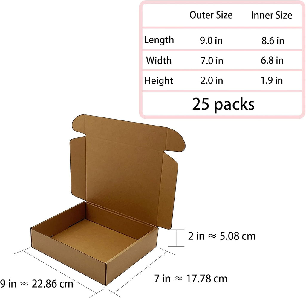 Shipping Boxes 9x7x2 inch 25 Pack,Brown Corrugated Mailers for E-Commerce