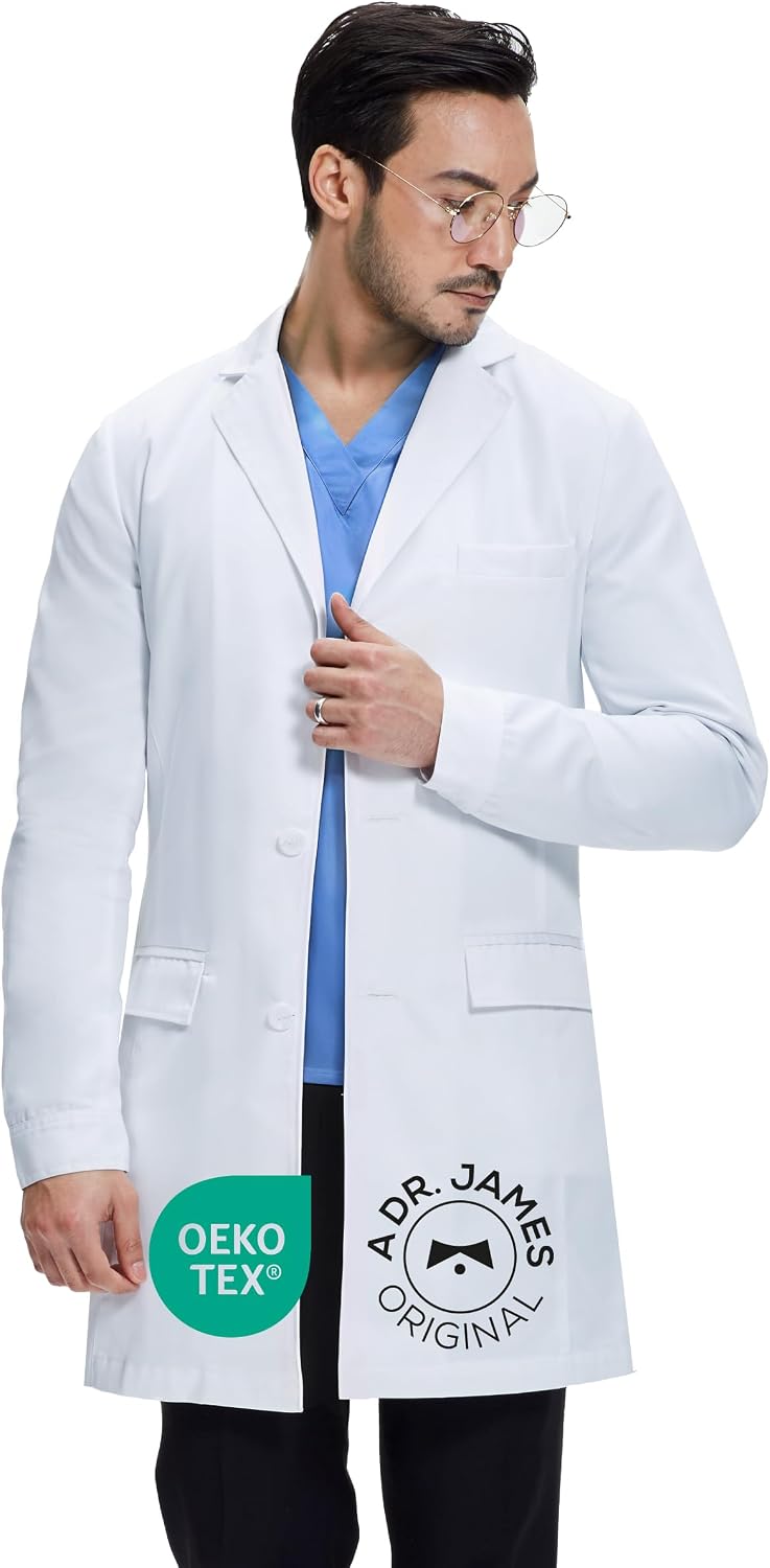 Men’s Lab Coat – White Medical Coat, Slim Tailored Fit, Consultation Length 36”, OEKO-TEX Certified
