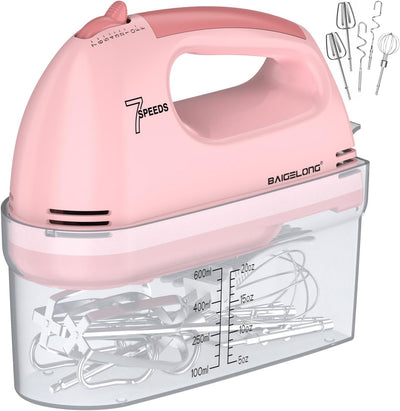 Hand Mixer. 7-Speed Adjustable Kitchen Electric Mixer. With 5 Stainless Steel Attachments: 2 Hooks, 2 Beaters, 1