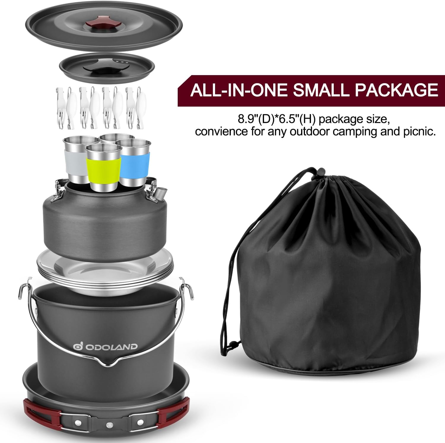 22pcs Camping Cookware Mess Kit, Large Size Hanging Pot Pan Kettle with Base Cook Set for 4, Cups Dishes Forks Spoons