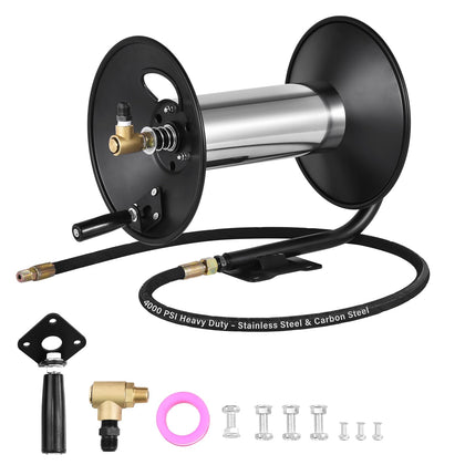 Pressure Washer Hose Reel 100 ft, 4000 PSI Stainless & Carbon Steel Hand Crank with Brass Swivel and 90 Degree Elbow, Wall/Floor Mount – Fits 3/8" and 1/4" Hoses