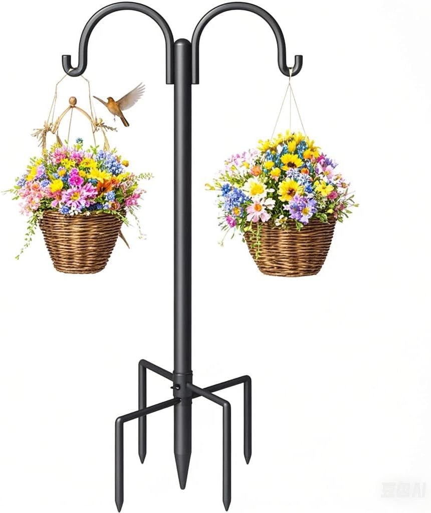 Double Shepherds Hooks for Outdoor, Heavy Duty Bird Feeder Pole with 5-Prong Base - Rust-Proof, Adjustable Bird