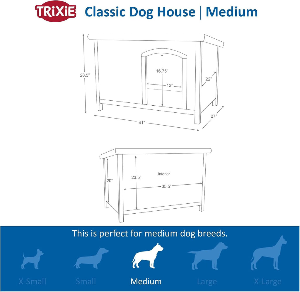 Natura Classic Dog House - Wooden Outdoor Shelter with Weatherproof Sealer, Hinged Roof & Adjustable Legs for Medium