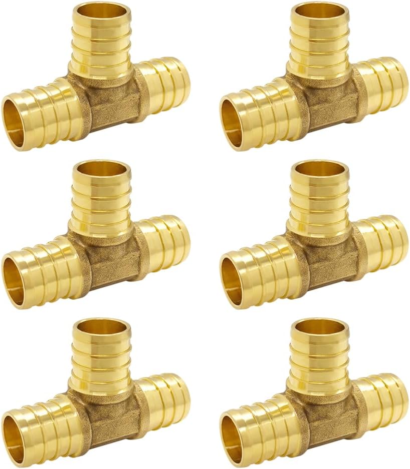Hooshing 6 Pack 3/4 Inch PEX Tee Fittings Solid Brass Crimp Fitting