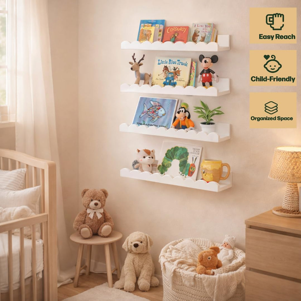 Scalloped Shelves - Set of 4 Pre-Assembled 15.6inch White Floating Nursery Book Shelves, Scalloped Book Shelf for