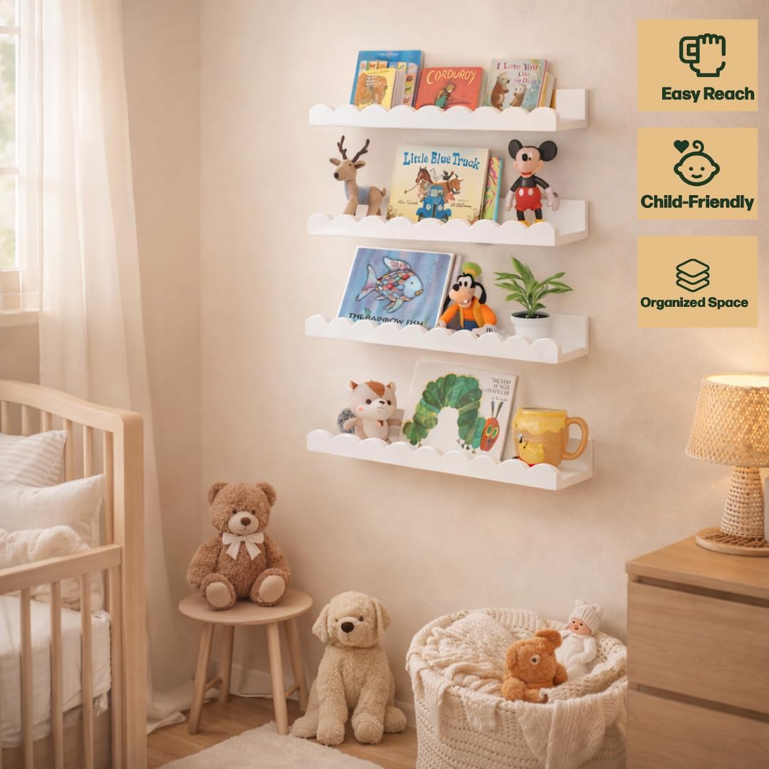 Scalloped Shelves - Set of 4 Pre-Assembled 15.6inch White Floating Nursery Book Shelves, Scalloped Book Shelf for