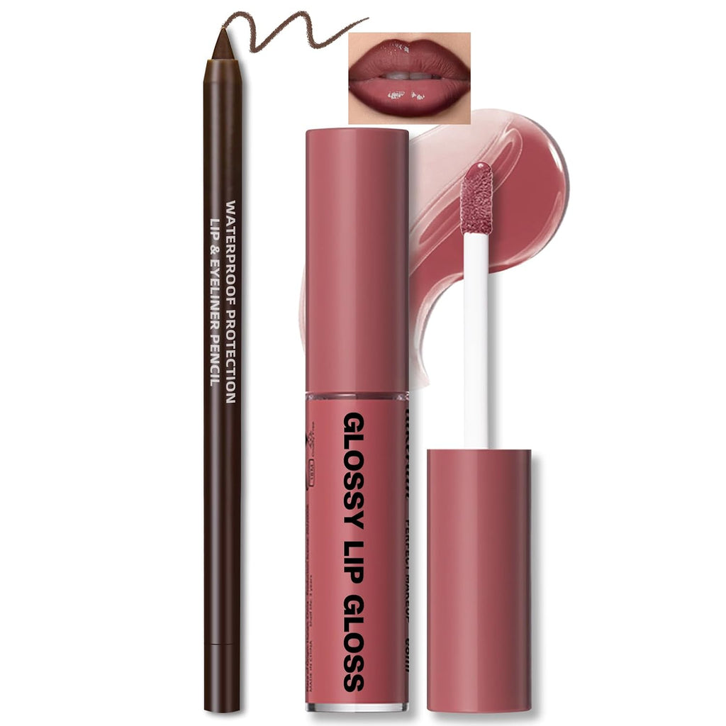 Rose Pink Lip Kit with Nourishing Lip Gloss&Brown Lip Liner Combo | Moisturizing High Shine Finish for Juicy Volume