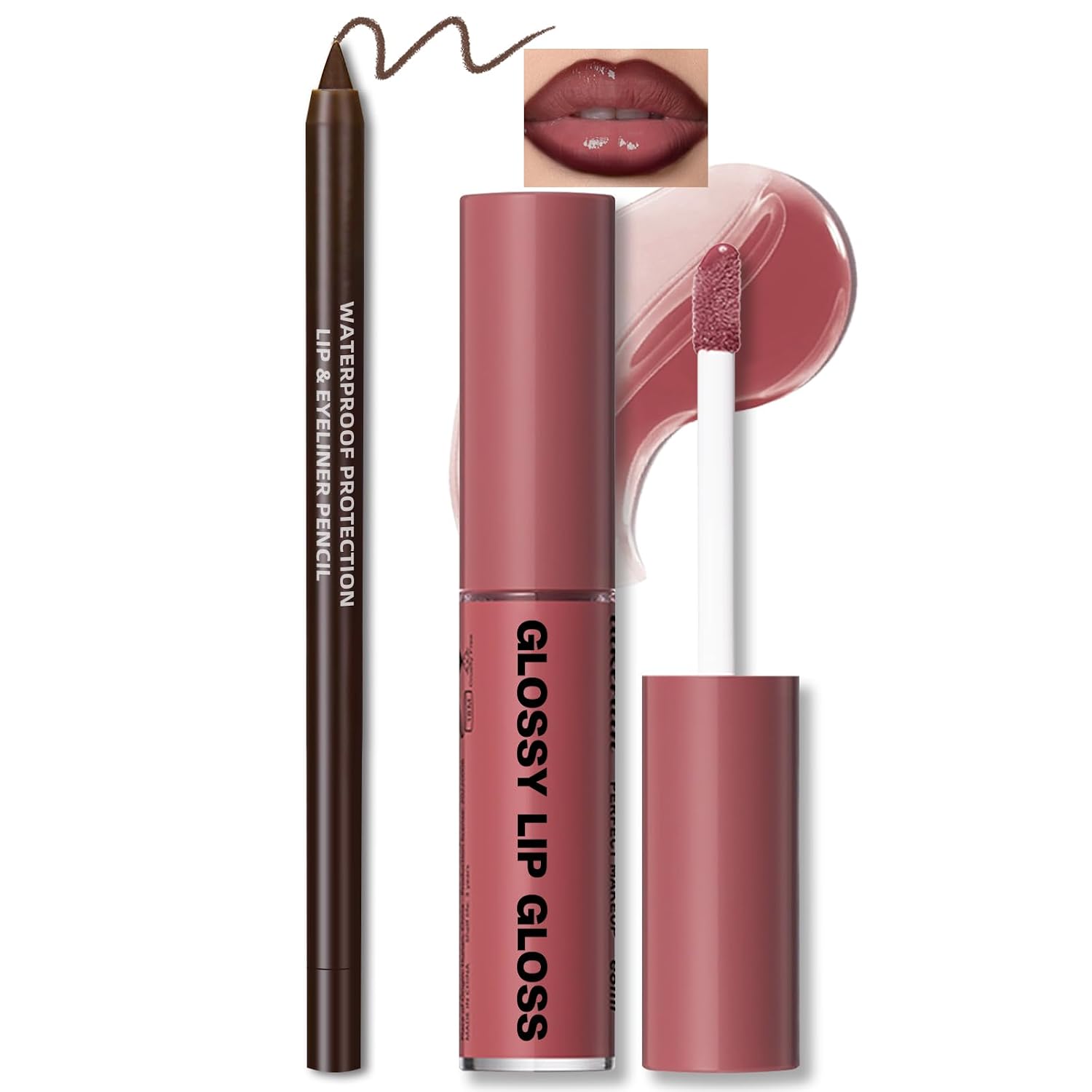 Rose Pink Lip Kit with Nourishing Lip Gloss&Brown Lip Liner Combo | Moisturizing High Shine Finish for Juicy Volume