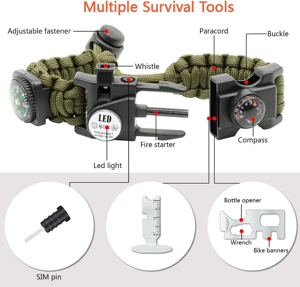 20 in 1 Survival Paracord Bracelet Adjustable Gear Kit with SOS LED Light, Fire Starter, Bigger Compass, Survival