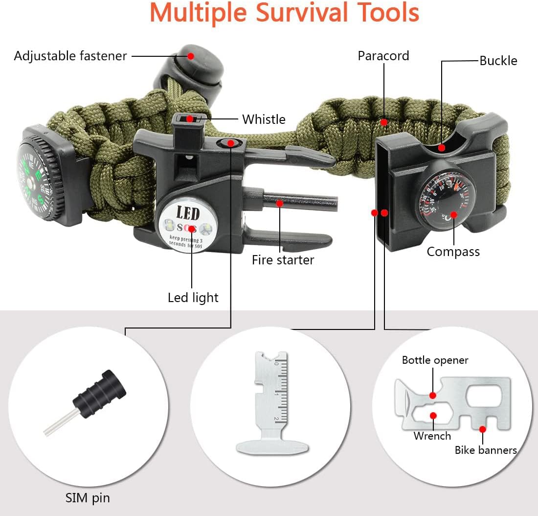 20 in 1 Survival Paracord Bracelet Adjustable Gear Kit with SOS LED Light, Fire Starter, Bigger Compass, Survival