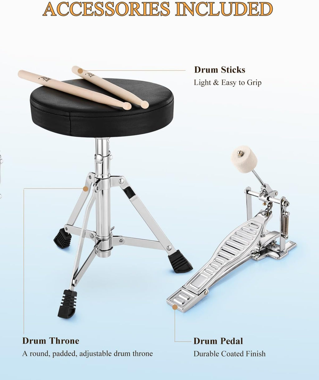 Drum Set 14 inch for Beginners,3 Piece Junior Drum Kit with Bass Tom Snare Drum,Adjustable Throne, Cymbal, Pedal &