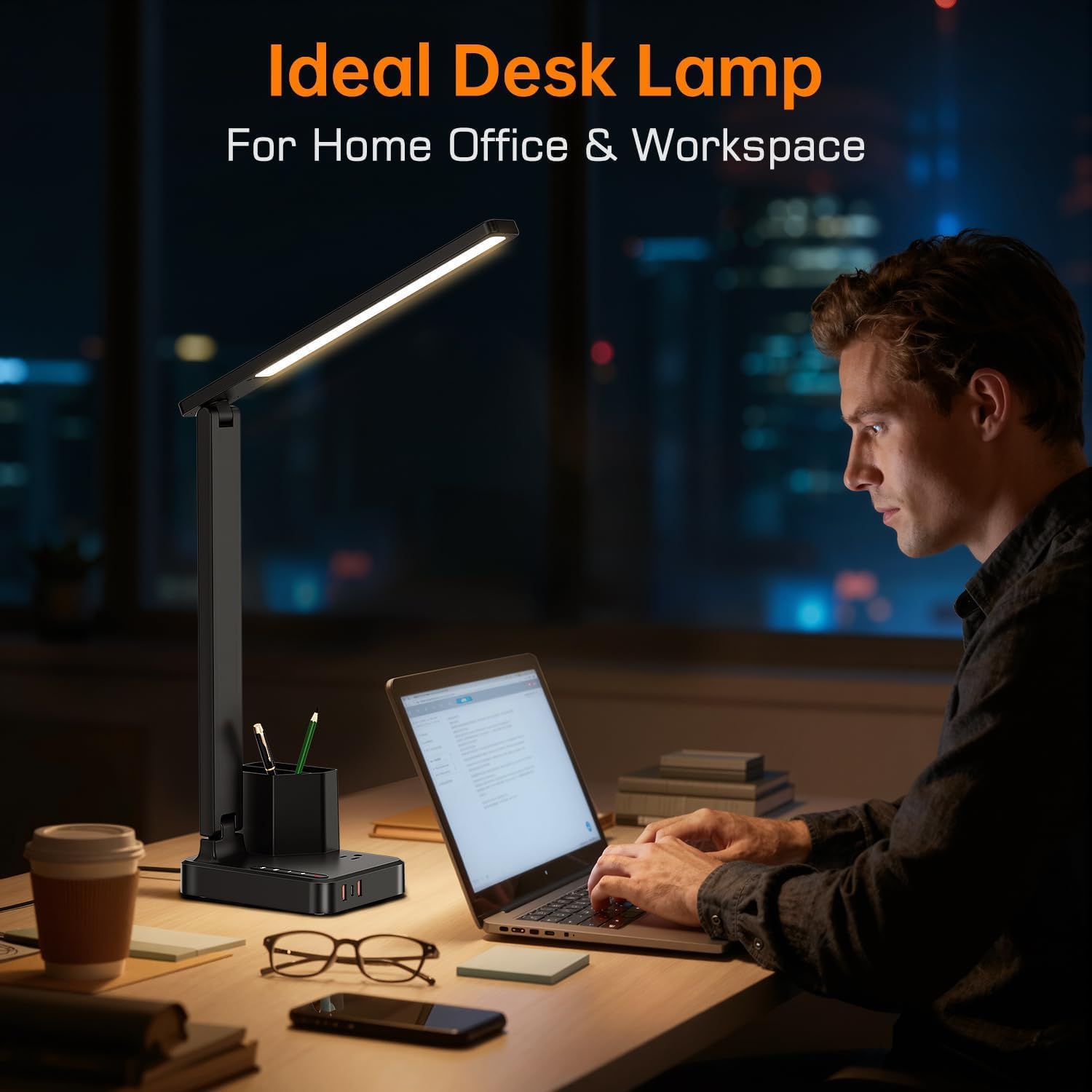 LED Desk Lamp for Dorm Office, USB C, AC Outlet Charging Port, Black | Dorm Room Essentials for Guys, Eye-Caring