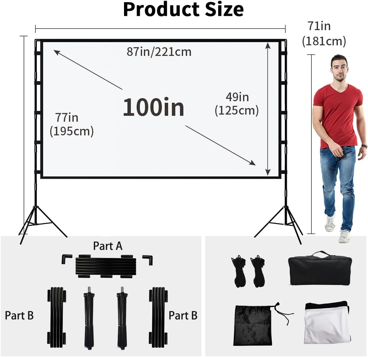 Projector Screen with Stand, 100 inch Outdoor Projector Screen Portable Indoor Projection Screen 16:9 4K Rear Front