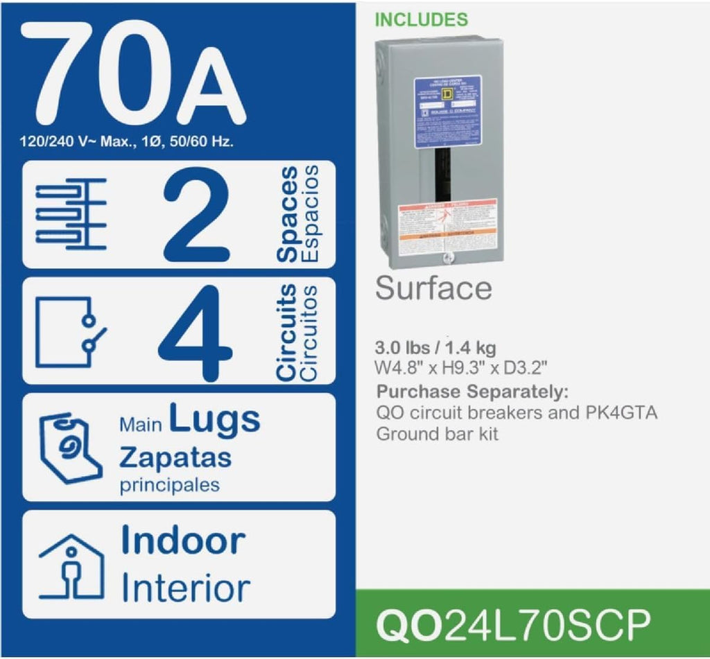 Square D - QO24L70SCP QO 70-Amp 2-Space 4-Circuit Indoor Main Lugs Load Center with Surface Mount Cover