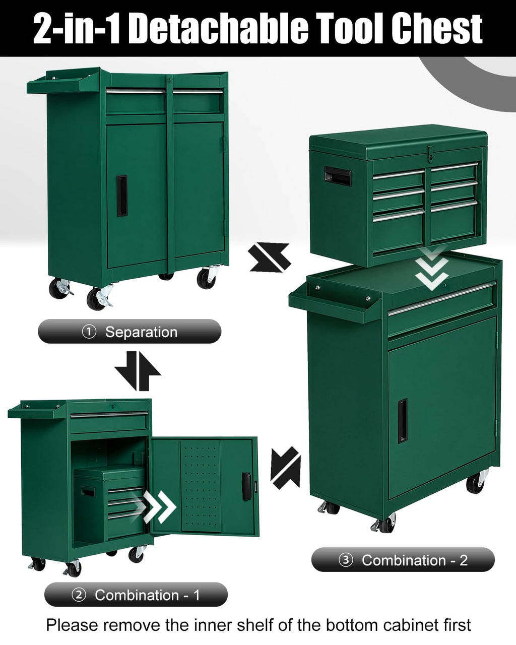 4-Drawer Rolling Tool Chest, 2-in-1 Storage Toolbox, Army Green