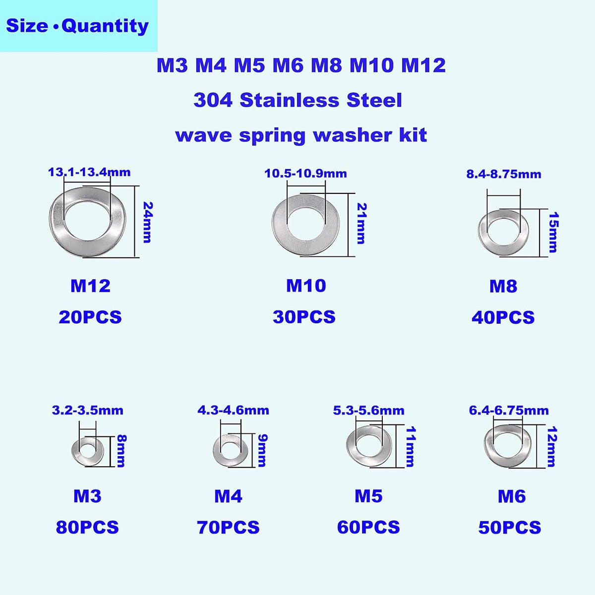 350PCS Metric M3-M12 304 Stainless Steel Wave Spring Washers Kit