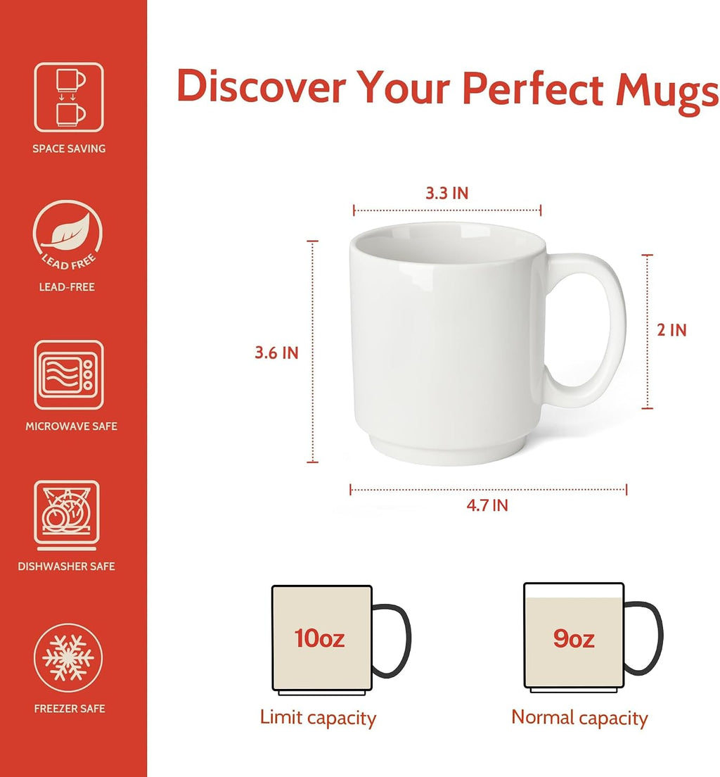 10 Oz Stackable White Coffee Mug, Porcelain Coffee Mugs Sets of 6, Coffee Cups with Handle for Specialty Coffee